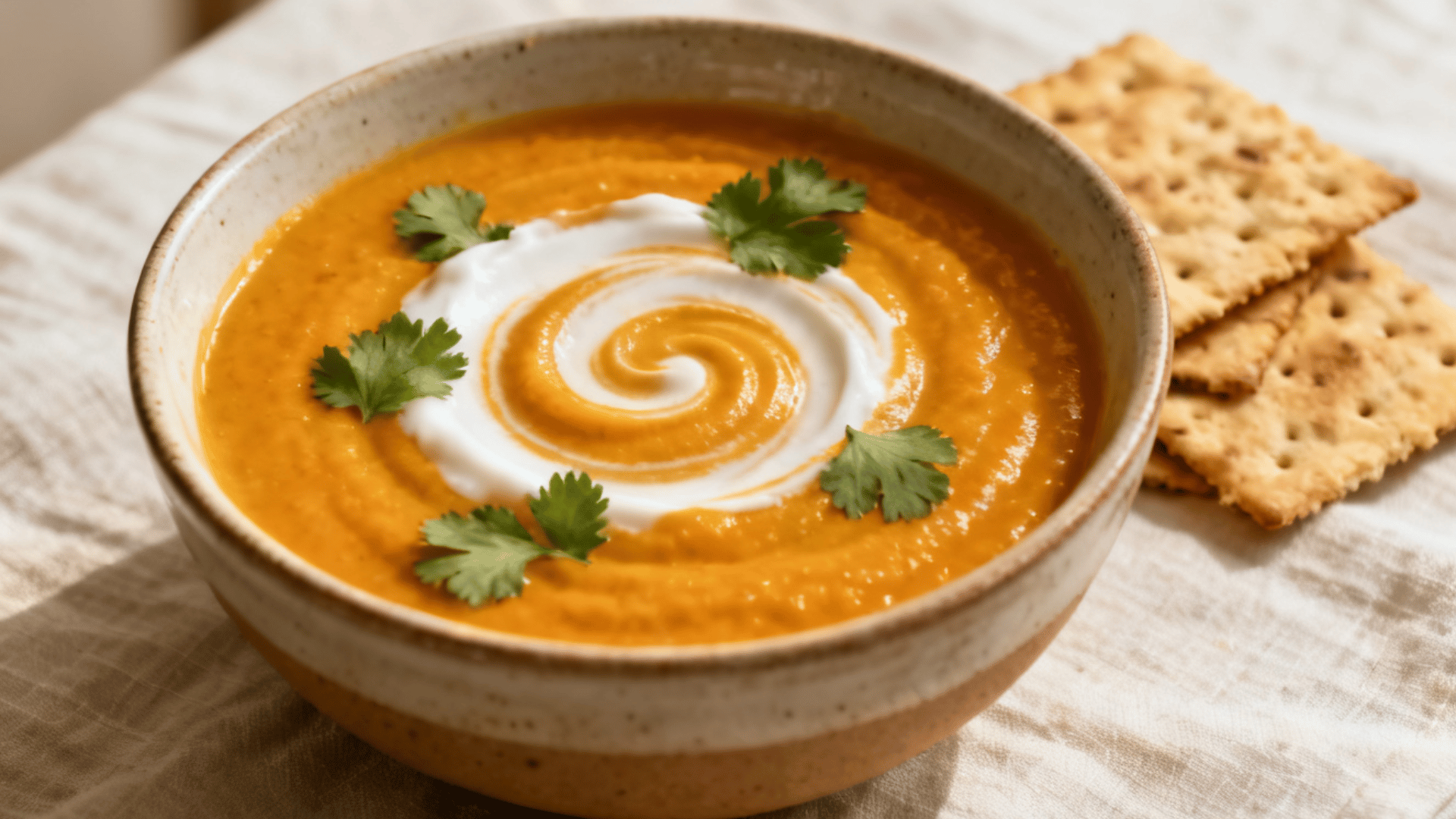 creamy carrot ginger soup topped with a swirl of yogurt and fresh herbs, served with crisp crackers on a linen-covered table