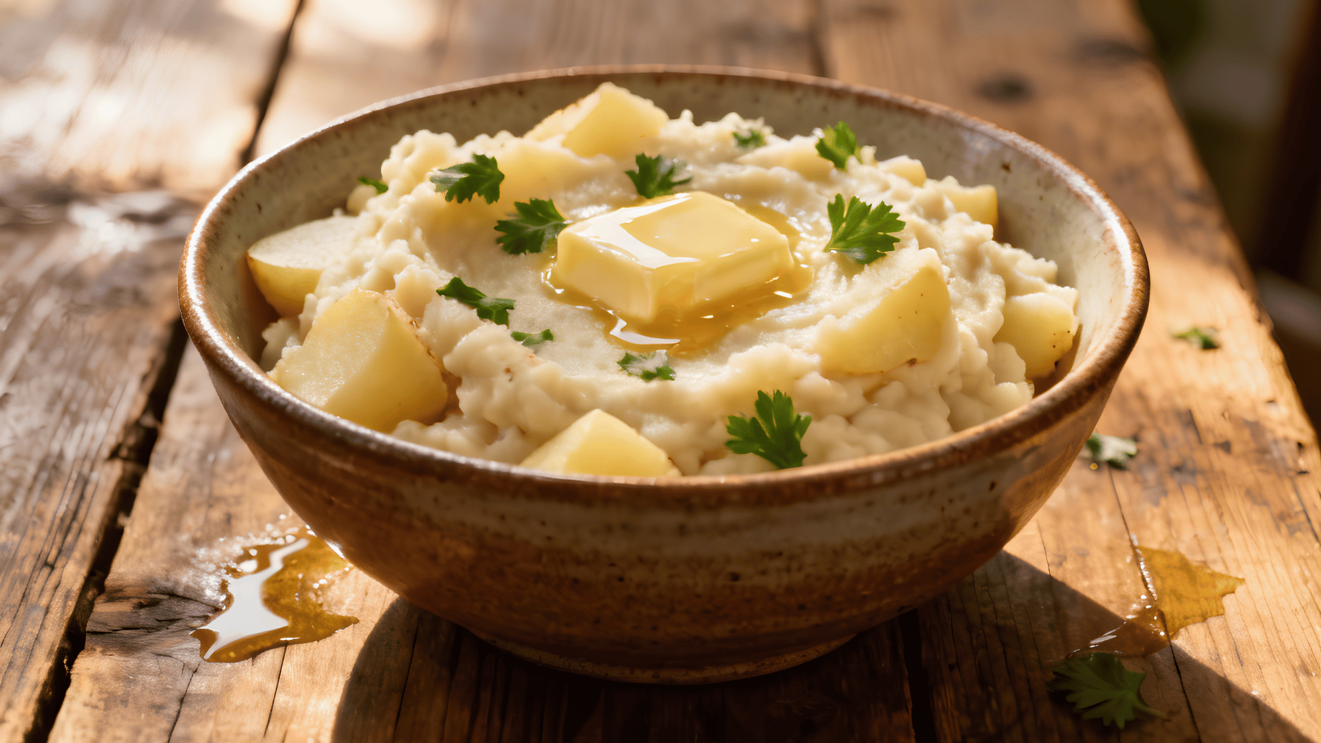 creamy parsnip and potato mash topped with melting butter and fresh parsley, served in a rustic bowl on a wooden table
