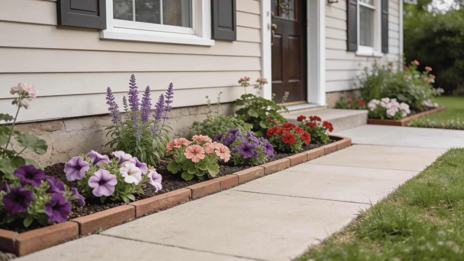 Flower bed border with flowering plants along a house walkway in a front yard