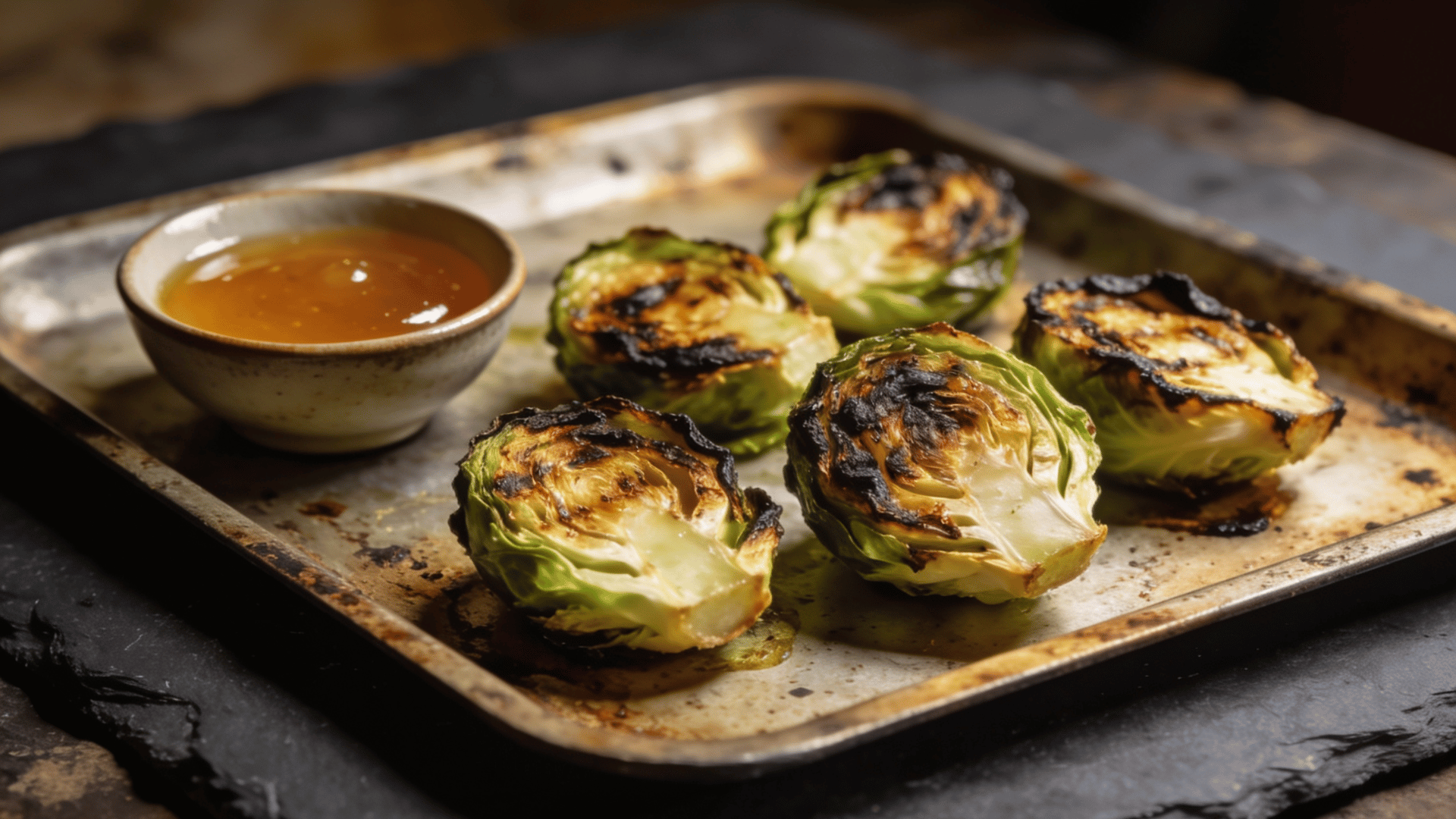 crispy roasted brussels sprouts on a baking tray served with a dipping sauce for an easy vegetable side dish
