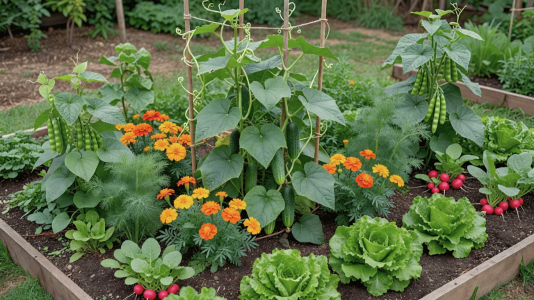 Cucumber vines growing in a garden bed with marigolds, beans, dill, lettuce, and radishes nearby