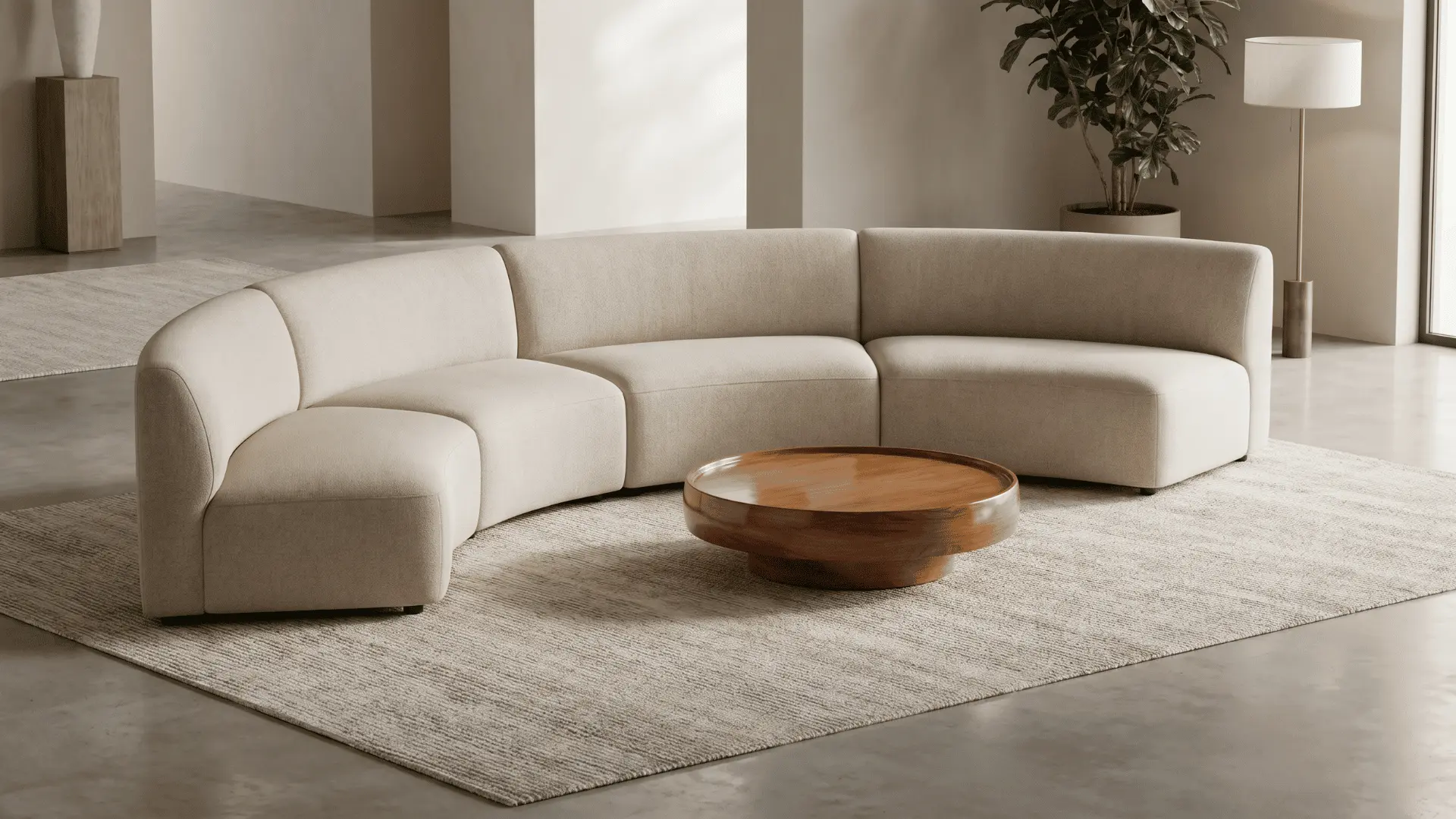Curved sofa arranged around a central table in an open space