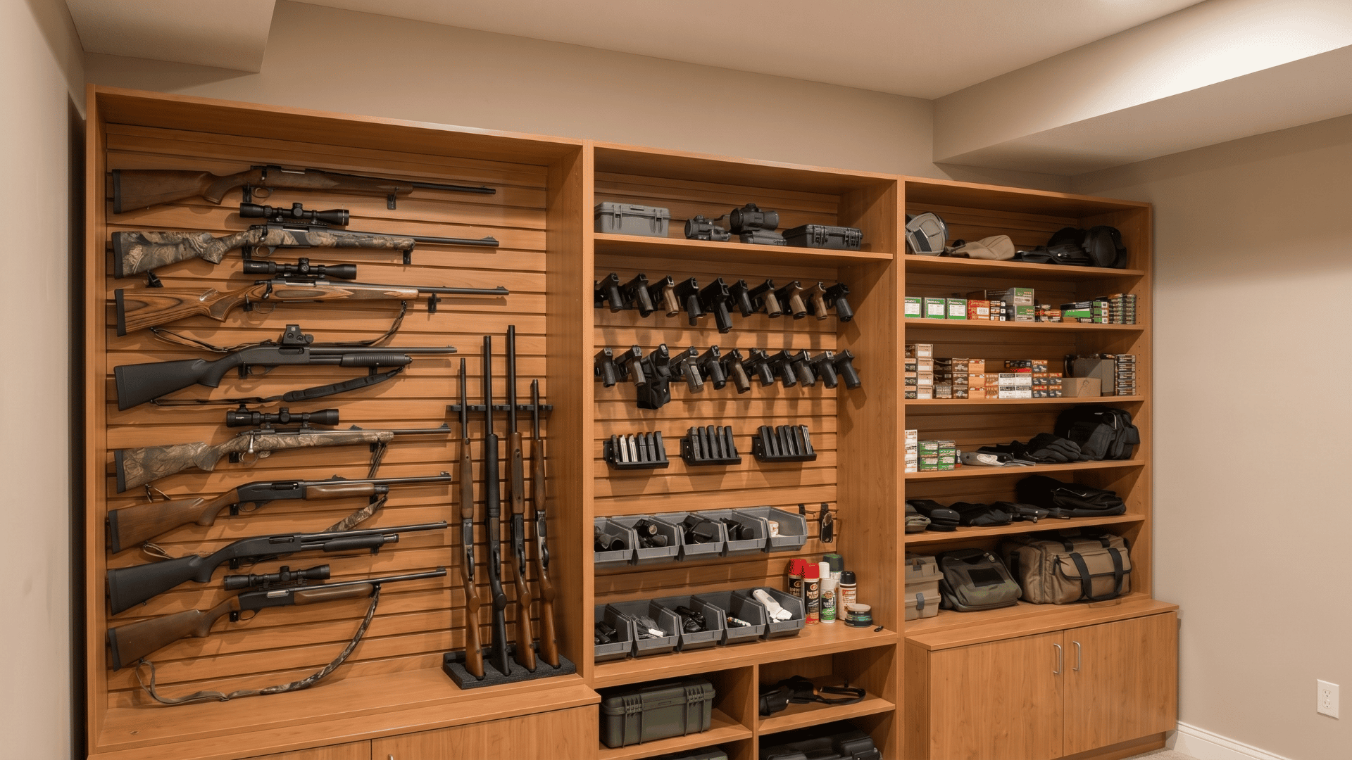 custom gun wall with slatwall panels holding firearms and accessories in an organized room