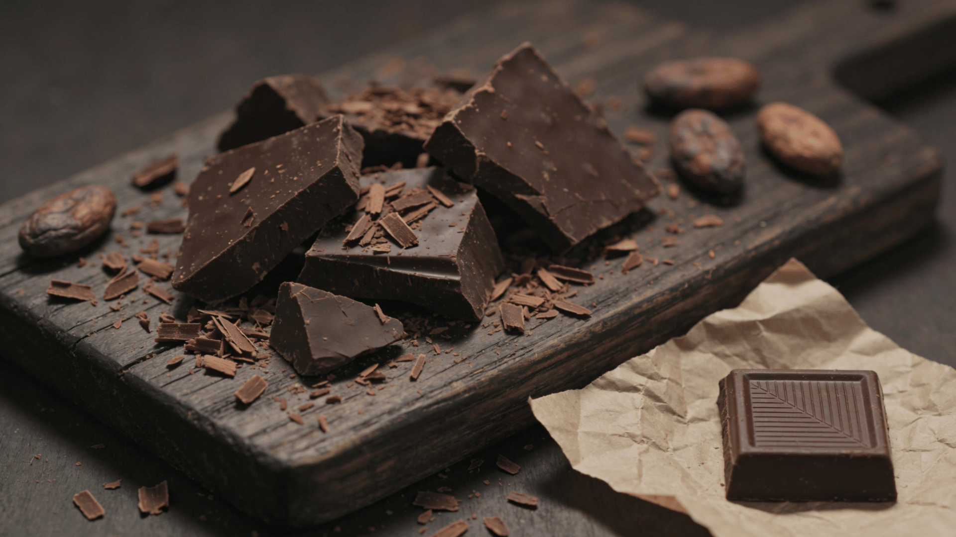 dark chocolate pieces and cocoa beans arranged on a rustic wooden board with chocolate shavings and a square of chocolate nearby