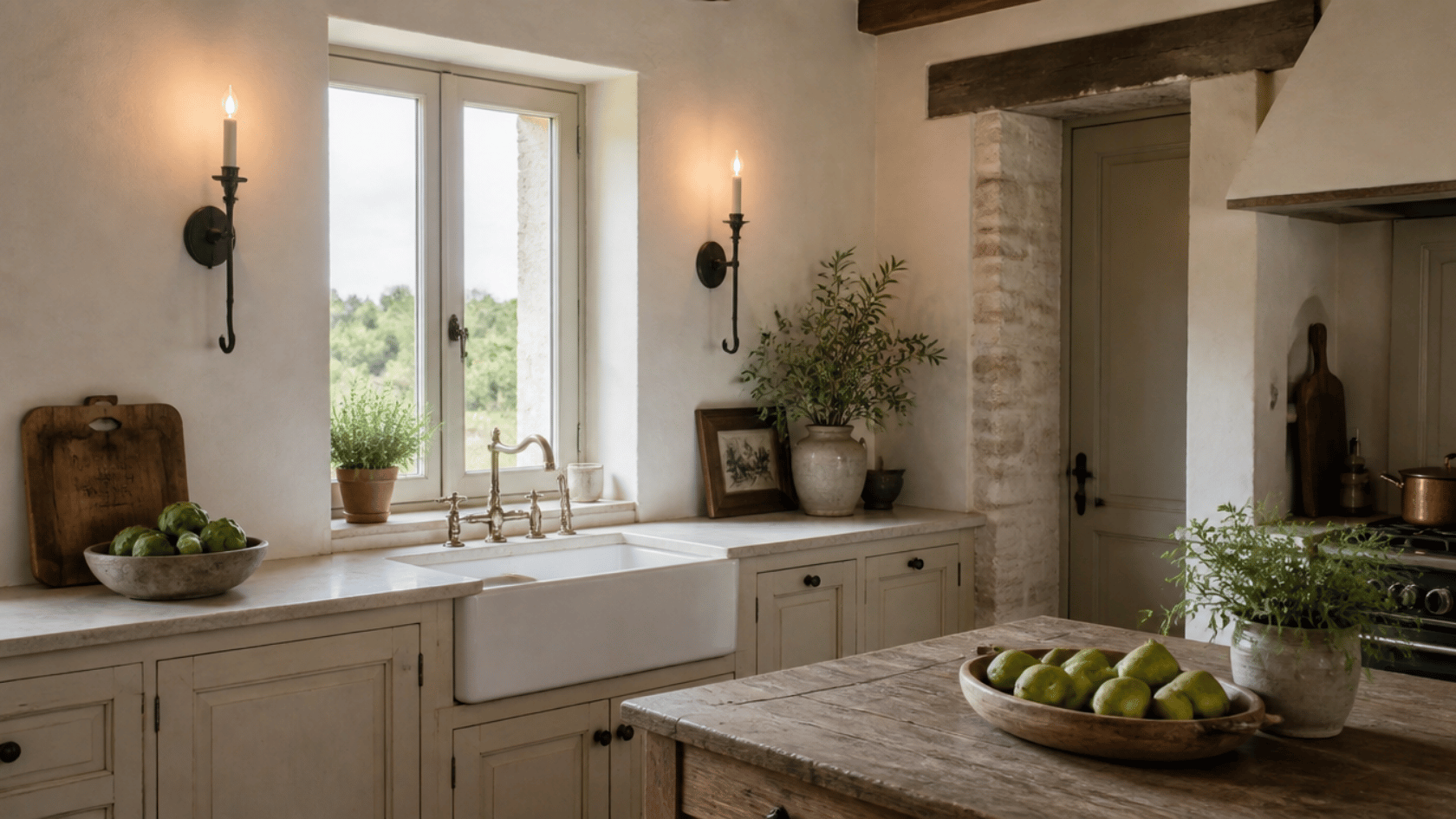 Subject – thick wood open shelves on iron brackets with stacked plates, cast iron pieces, glass jars, and woven baskets Context – arranged in a rustic <echighlighted><echighlighted>French country kitchen</echighlighted></echighlighted> as practical everyday storage and display Perspective – medium view at eye level focused on the shelving area Style – photorealistic Mood – neutral, calm, informational Exclusions – no people, no logos, no text overlays, no dramatic lighting, no glossy modern shelves, no overly styled arrangement