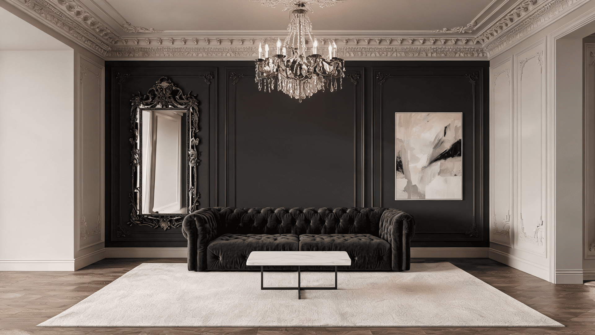 Living room with velvet sofa, chandelier, mirror, abstract art, and modern furniture in Victorian style mix