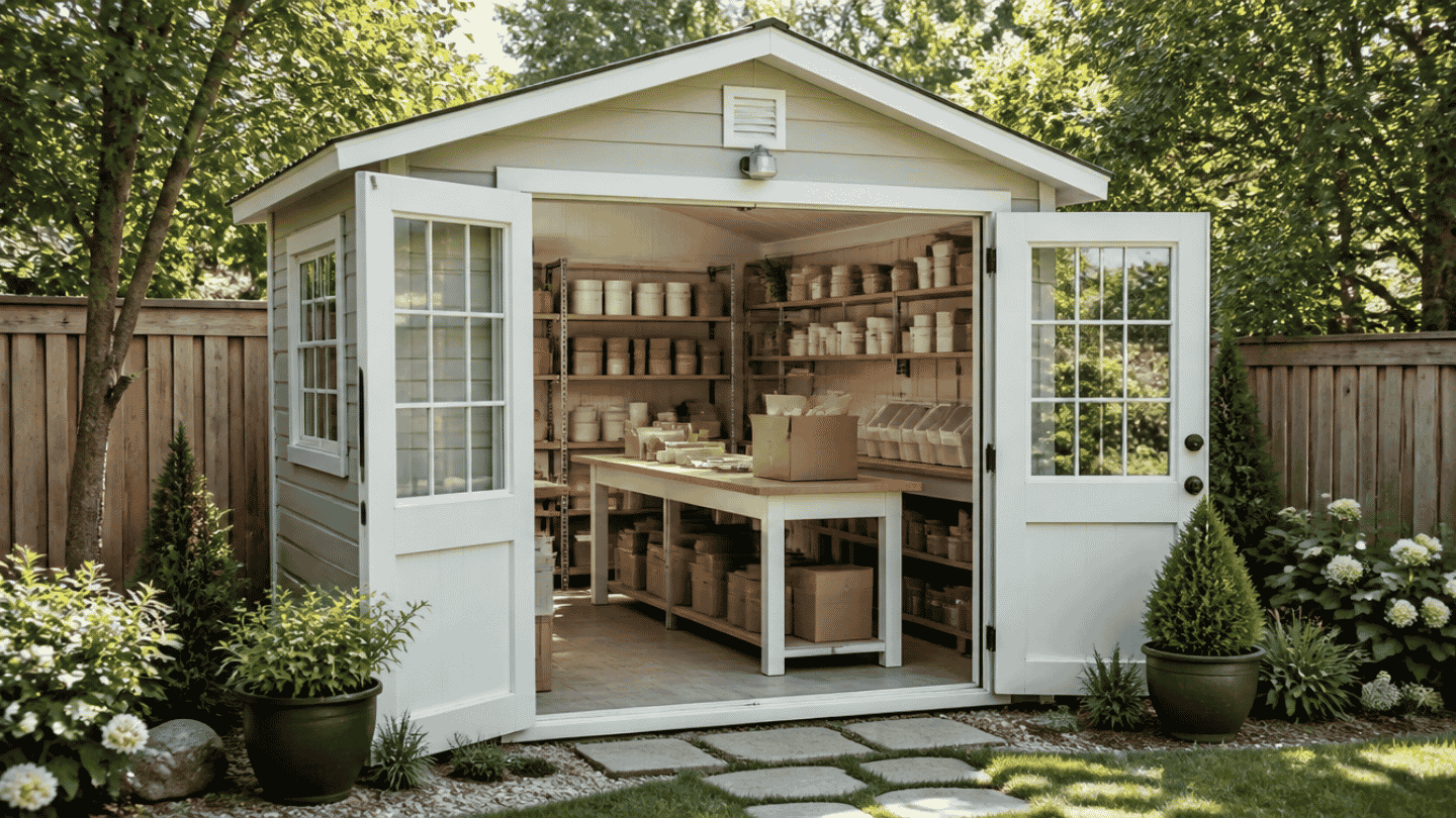 daytime image of a backyard she shed shown from outside with the door open revealing a small business packing setup inside