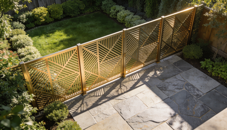 decorative geometric metal fence casting patterned shadows across a stone patio and landscaped backyard in warm sunlight