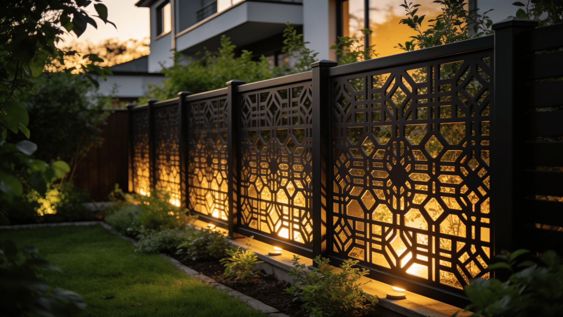 decorative laser cut metal fence panels with integrated lighting surrounding a landscaped backyard at sunset near a modern home