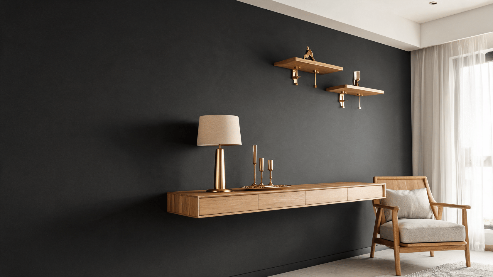 Dark charcoal wall with wood shelves, brass fixtures, and a chair in a modern room