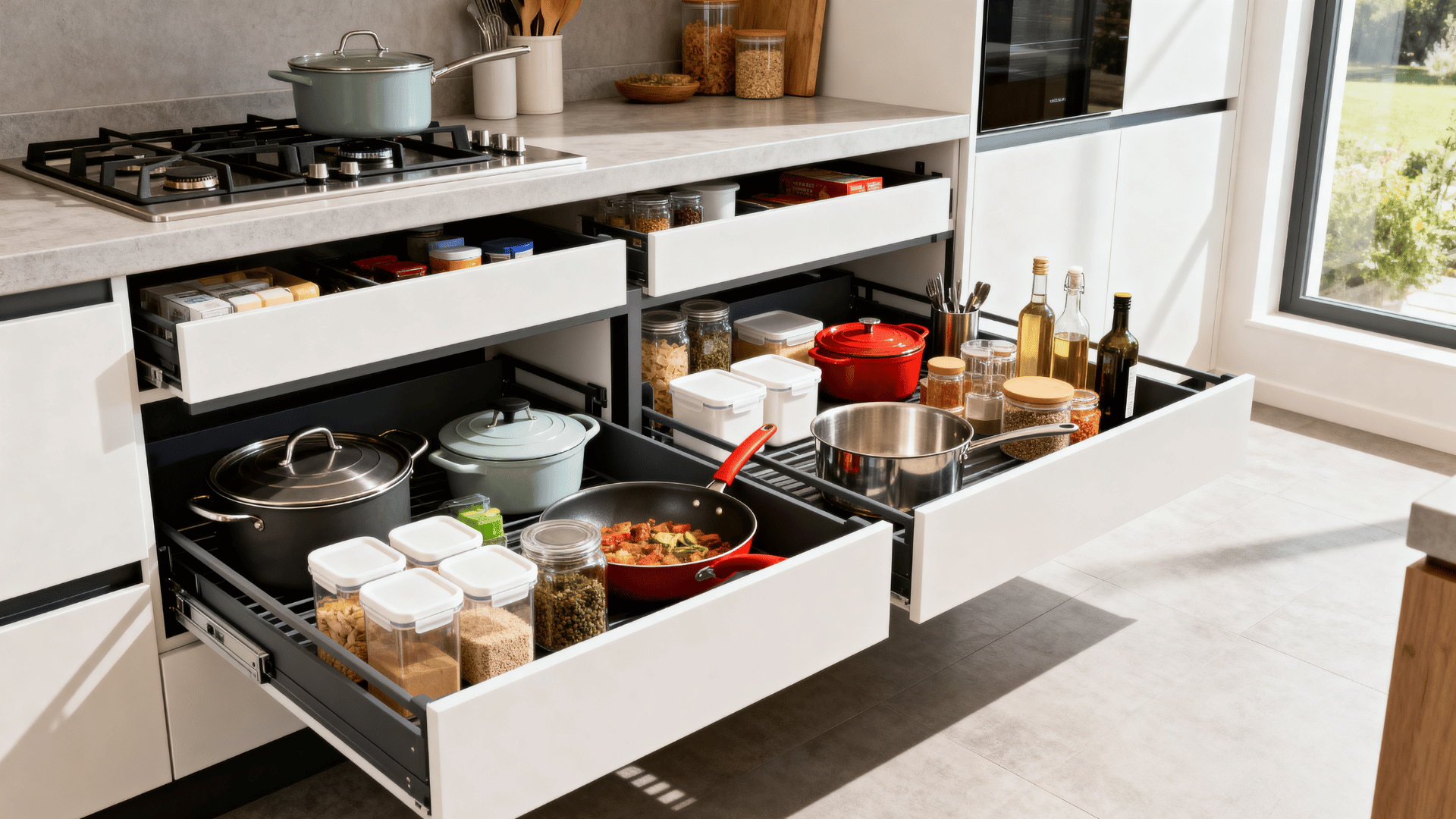 deep kitchen cabinet with pull out trays displaying cookware and supplies for improved access and organization