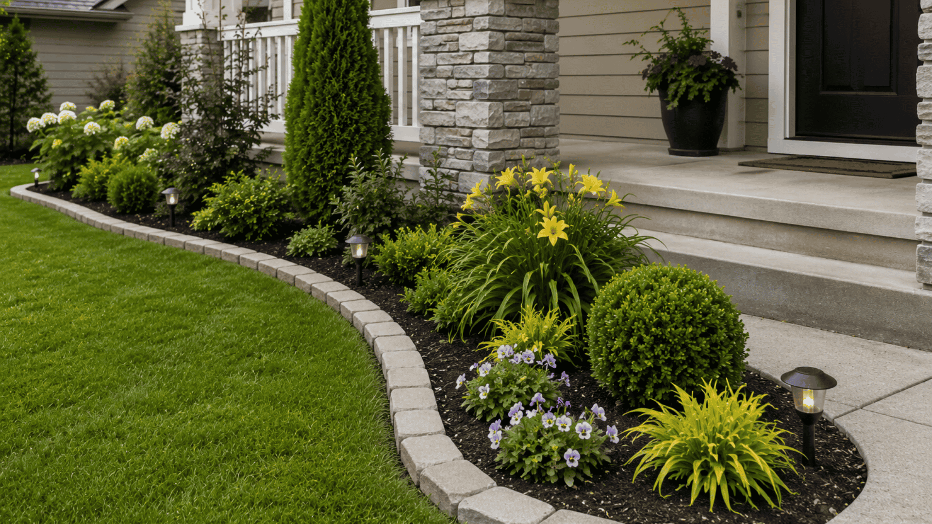 Front yard with clearly separated lawn, garden beds, and stone-edged pathway, showing tidy borders and shrubs for structured landscaping and easy maintenance.