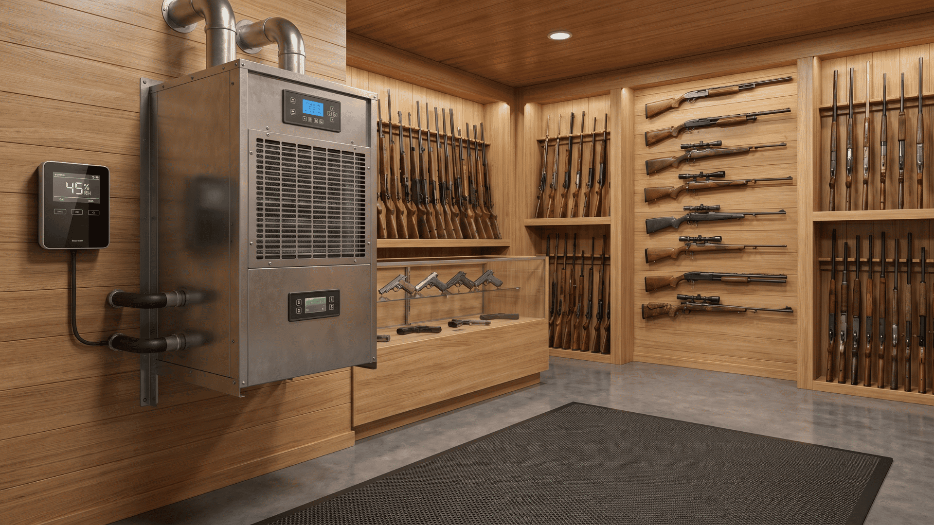 dehumidifier and humidity control system installed in a gun room with firearms on racks