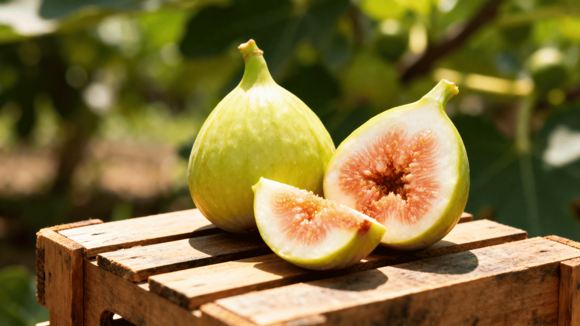 desert king figs large green figs on crate sliced showing juicy interior outdoor sunlight