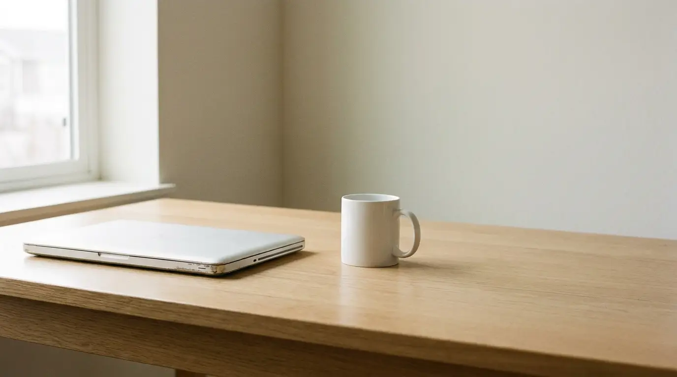 Laptop and white mug on wooden desk near bright window