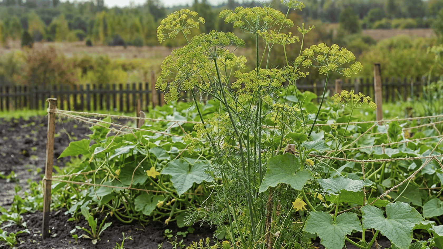 Dill plant with yellow flowers growing near cucumber vines in a garden bed