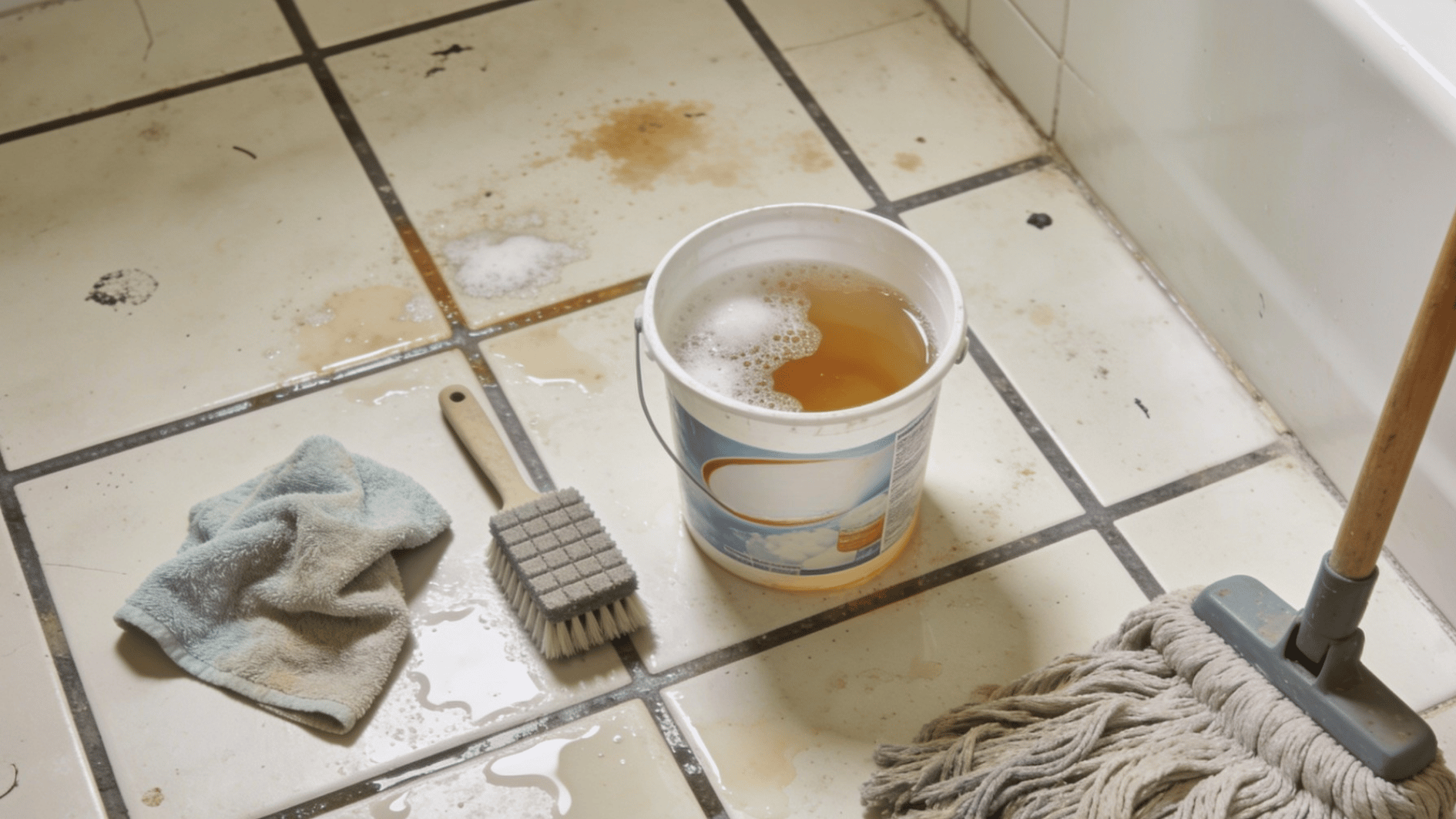 dirty bathroom tile floor with mop, brush, cloth, and soapy bucket during deep cleaning