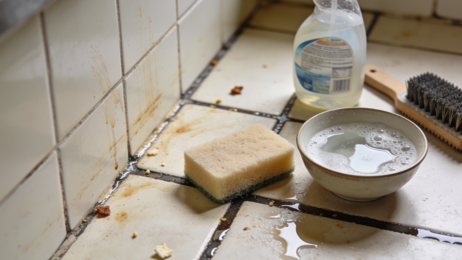 dirty tile floor with a sponge, brush, spray bottle, and bowl of soapy water