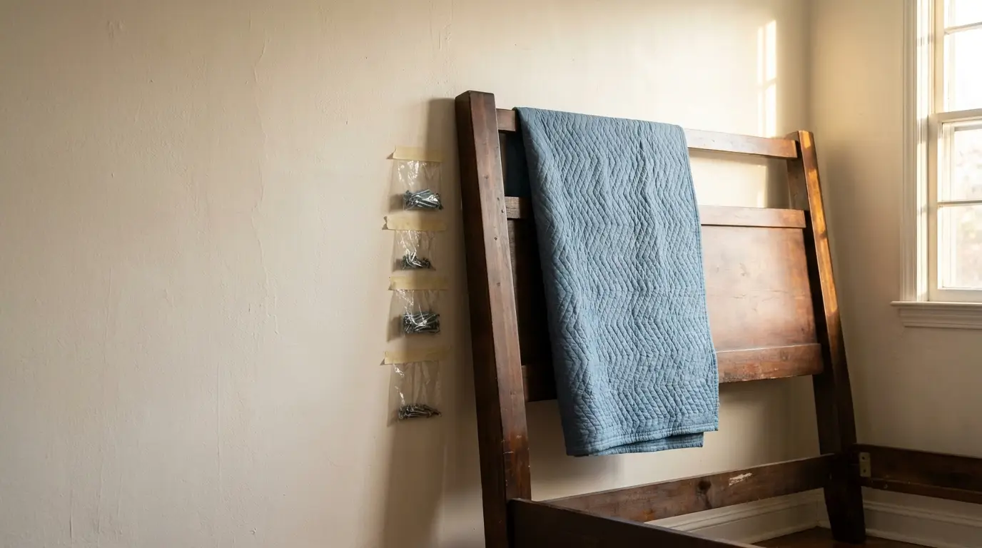 Wooden bed frame with blue blanket leaning against wall in sunlit room