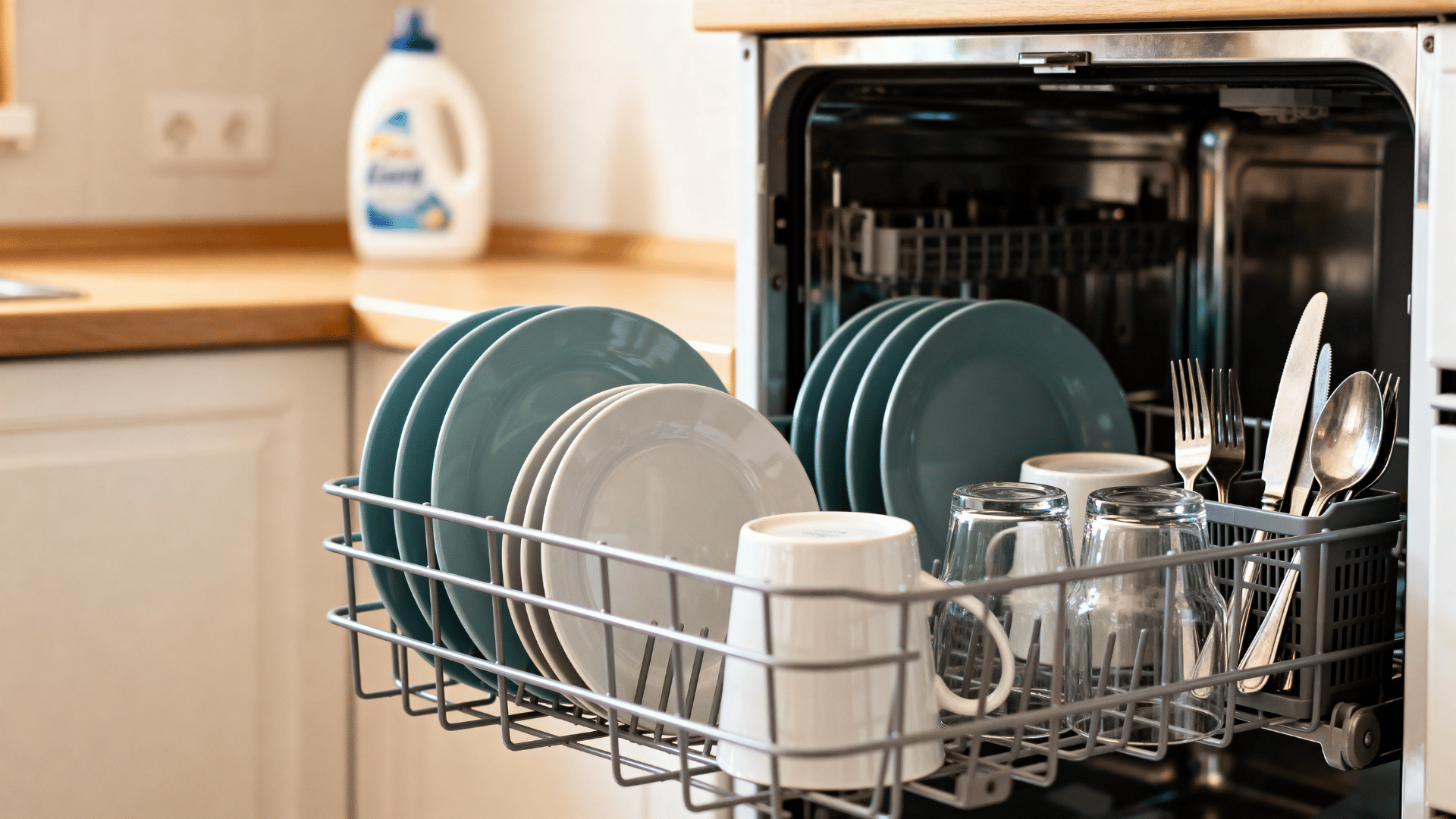dishes loaded with space inside a dishwasher rack