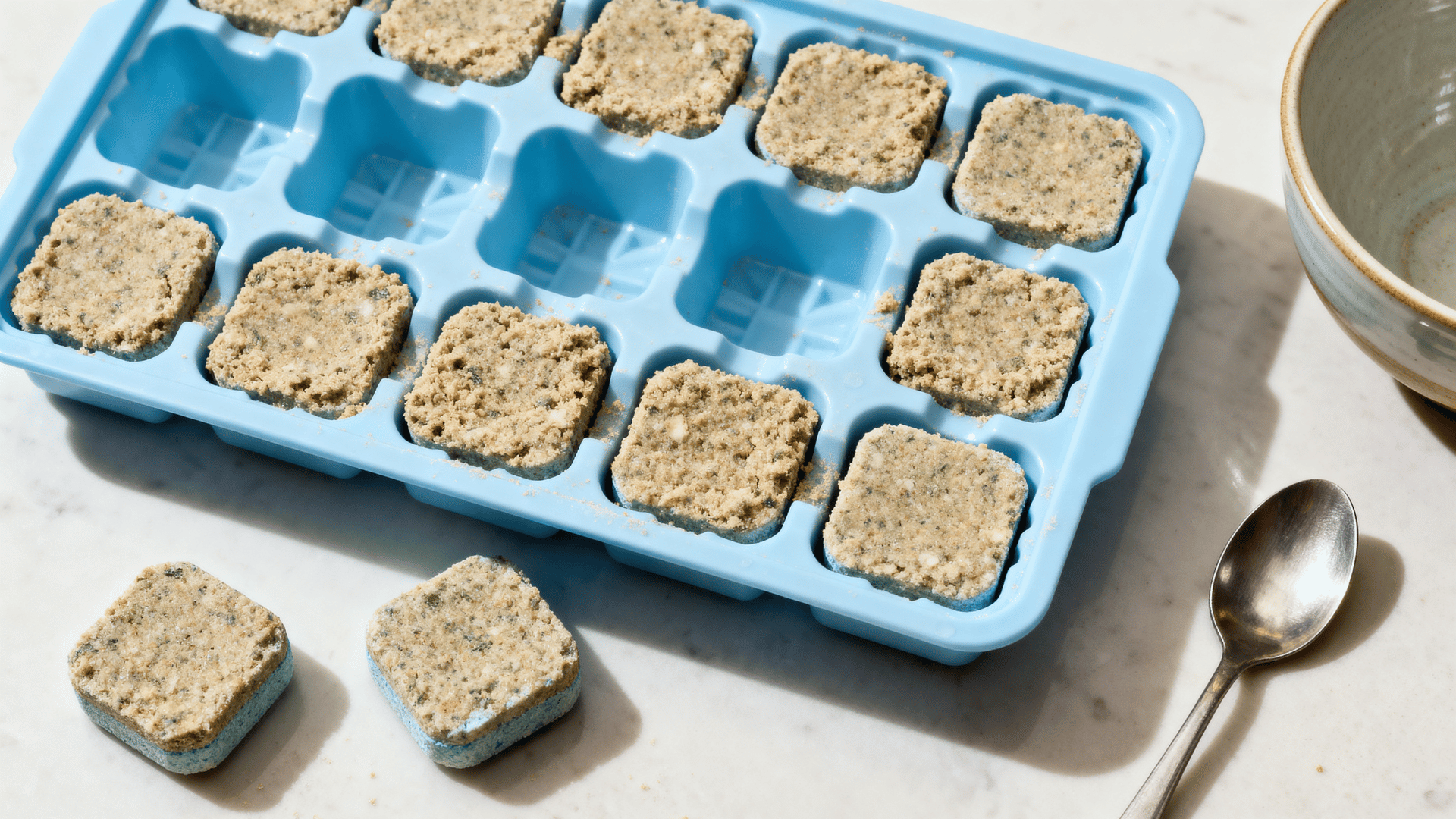 dishwasher tablet mixture being pressed into a silicone mold in a clean kitchen setting with soft natural light