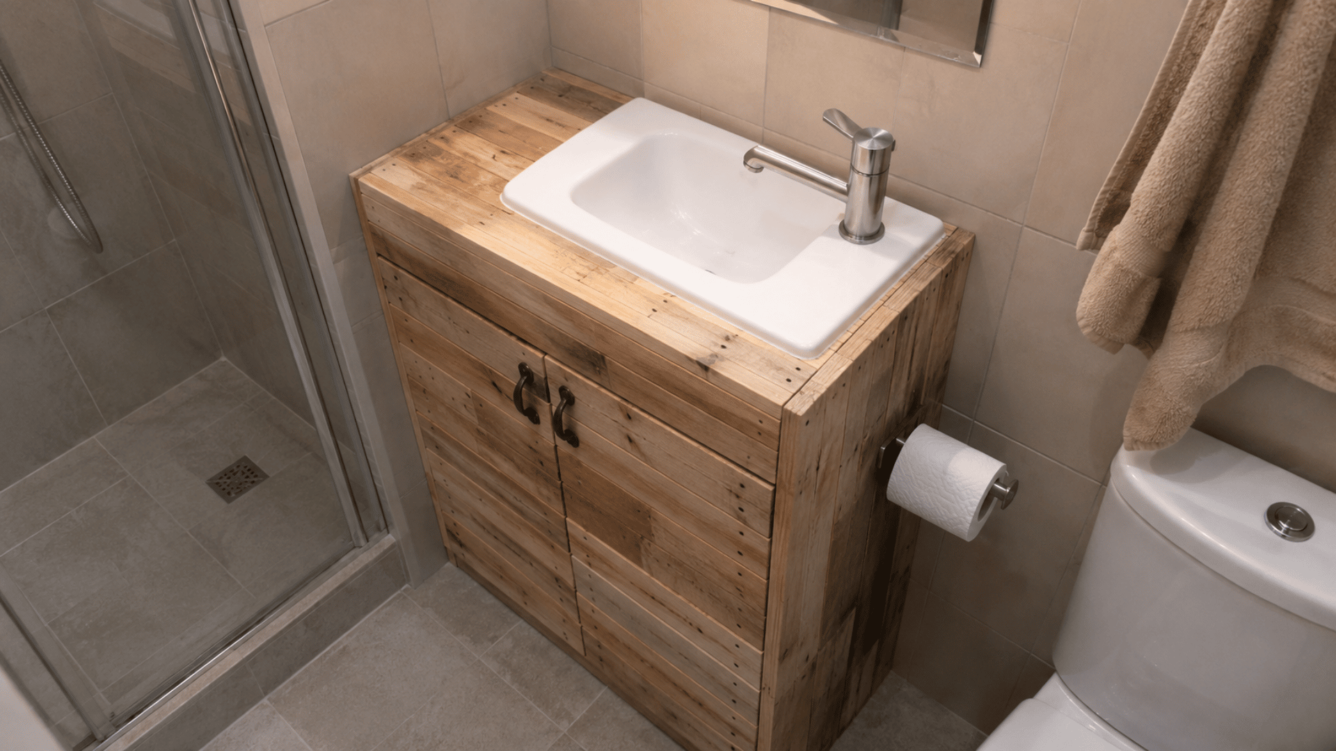 diy build pallet wood bathroom vanity in a bathroom design with diy style finish glass shower area
