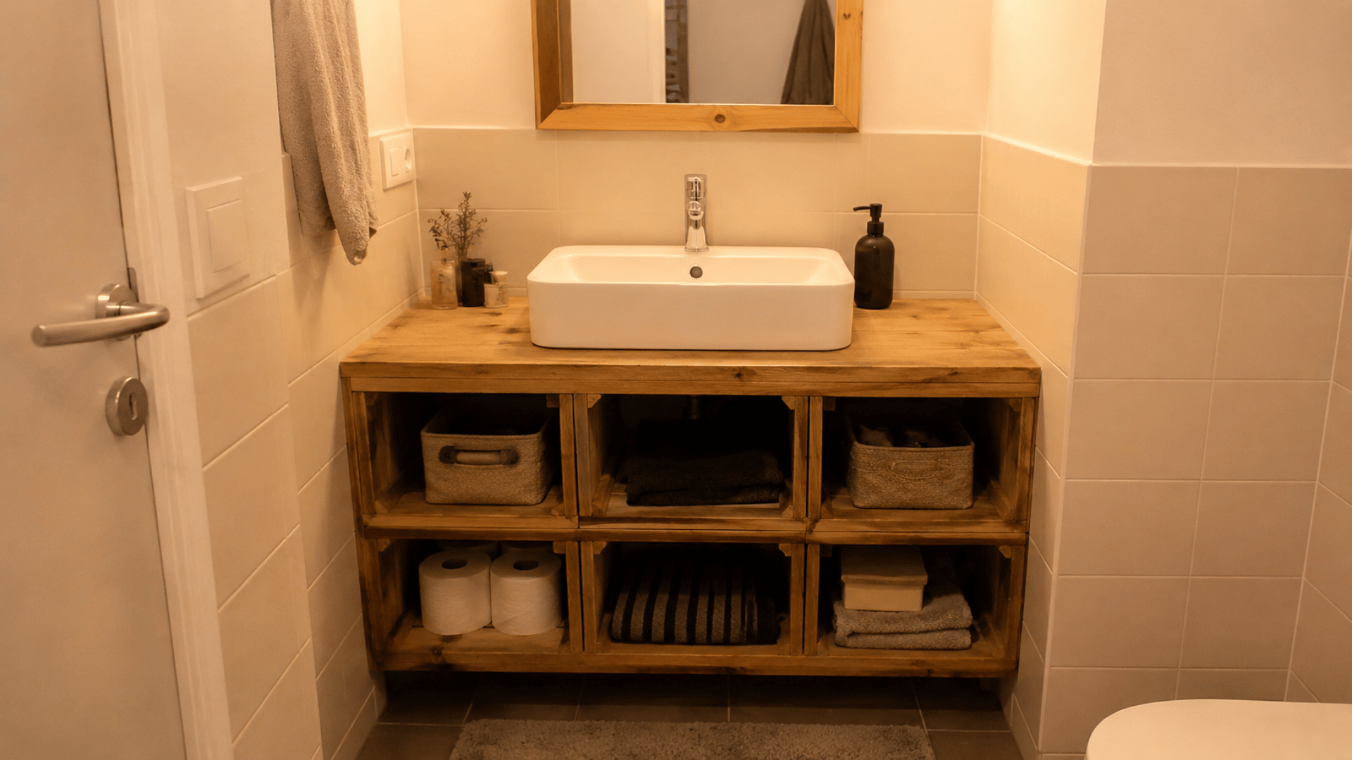 diy cozy bathroom vanity with rustic accents and open wall crate style in white themed compact bathroom setup with mirror and yellow lighting