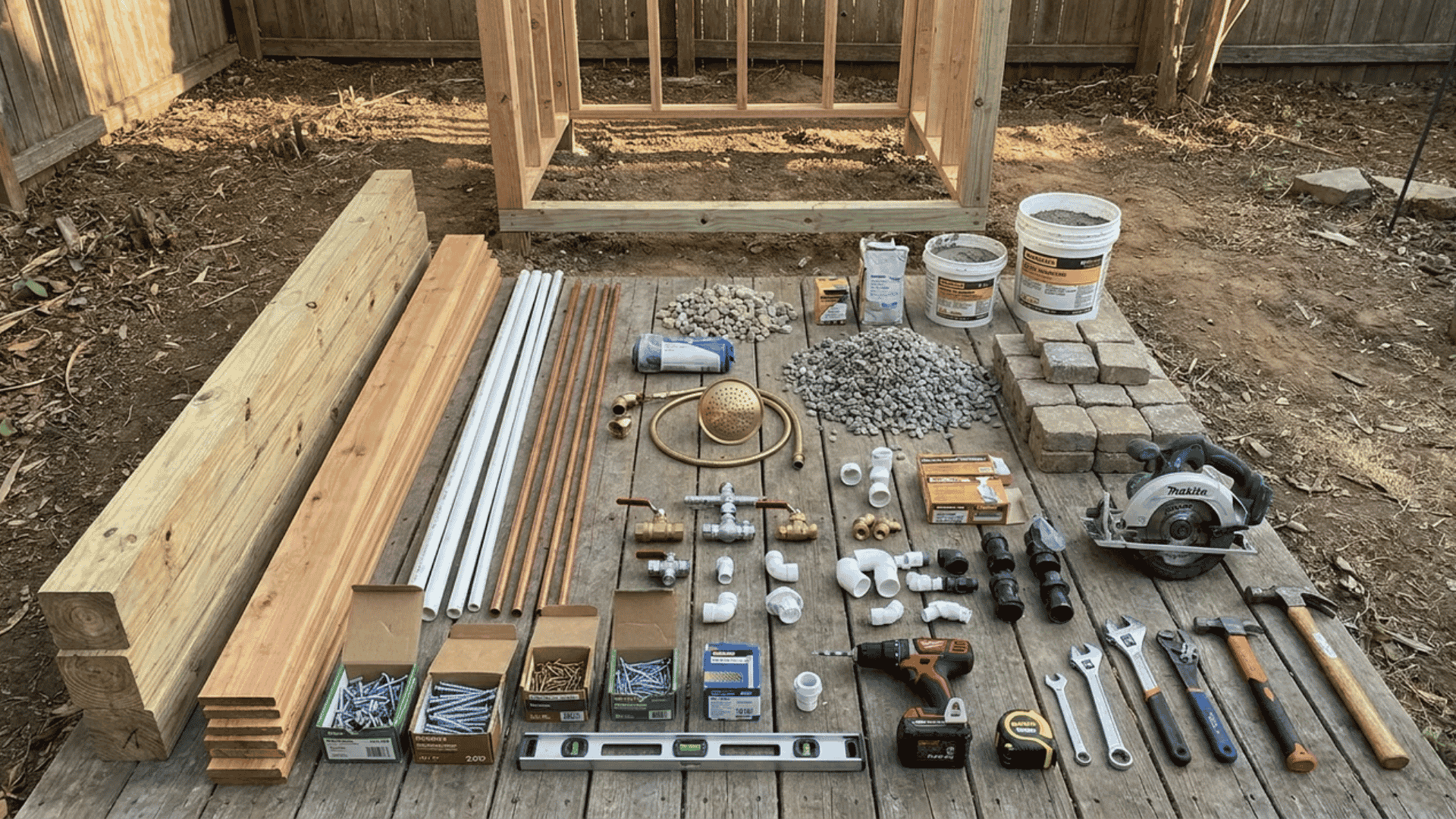 Outdoor shower ideas showing DIY tools and materials including wood boards, pipes, gravel, pavers, screws, and construction supplies.