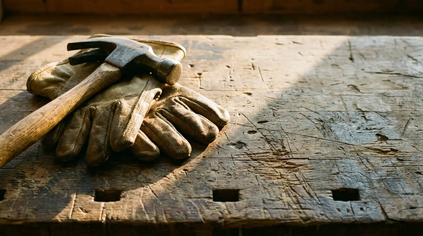 Hammer and work gloves on rustic wooden bench in natural sunlight