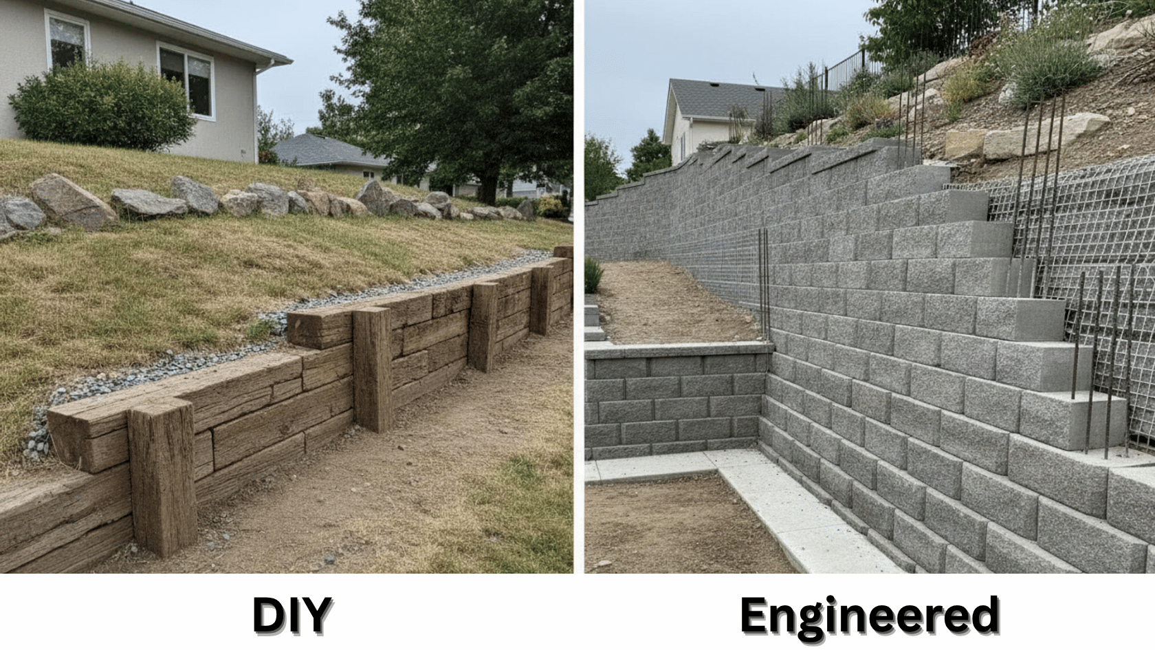 Side-by-side retaining wall comparison: DIY timber wall on slope vs engineered concrete block retaining wall with reinforcement
