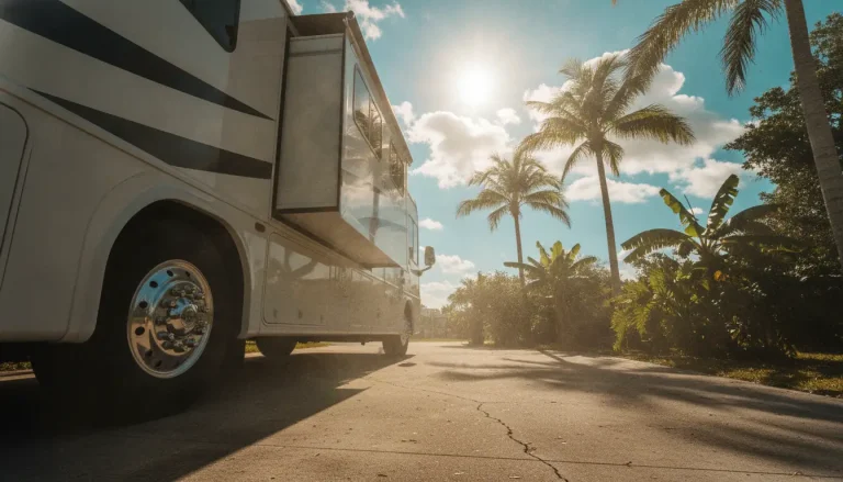 RV parked on sunny driveway surrounded by palm trees and lush greenery