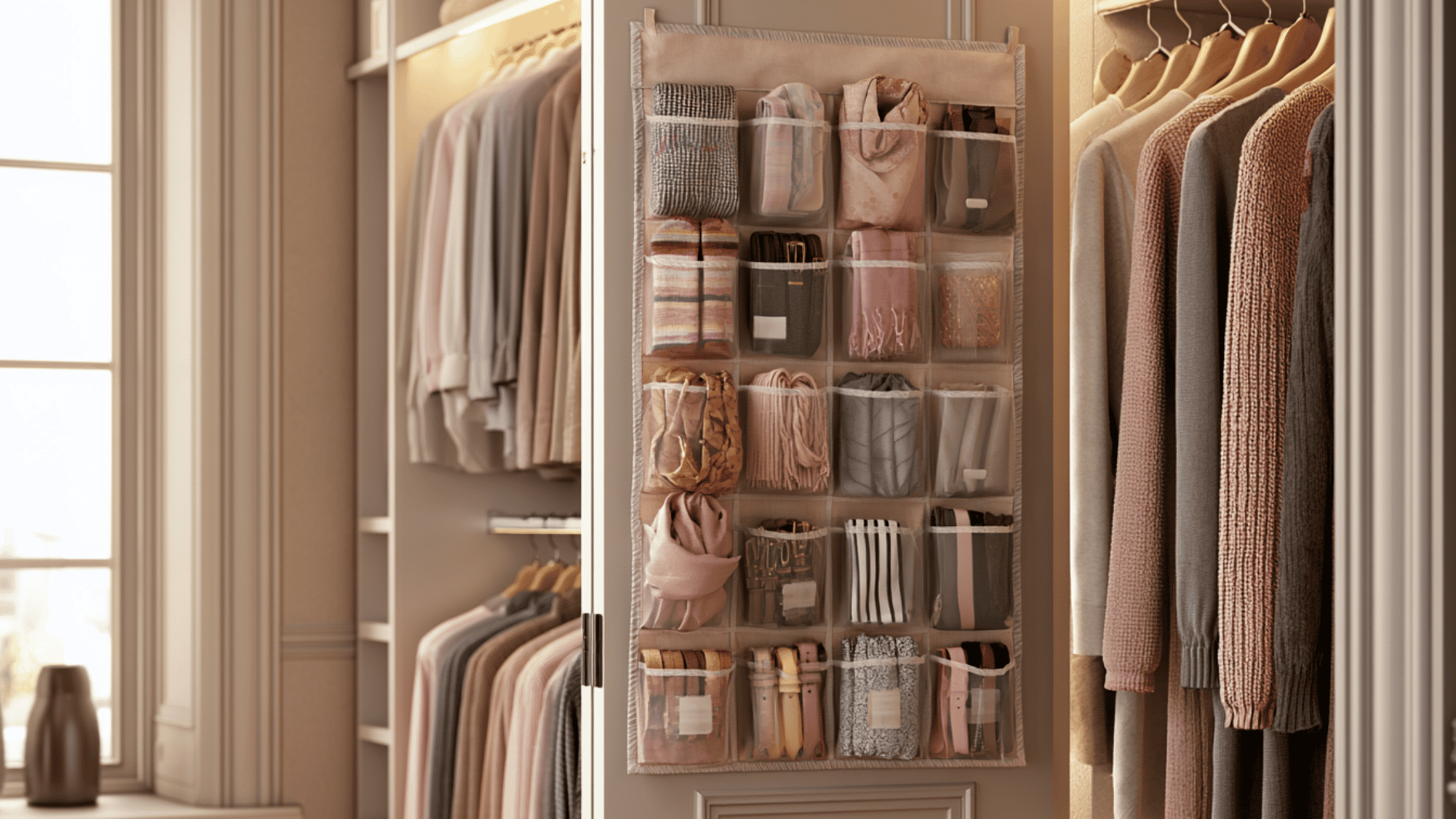 door pocket organizer holding scarves and accessories inside a closet with hanging clothes nearby