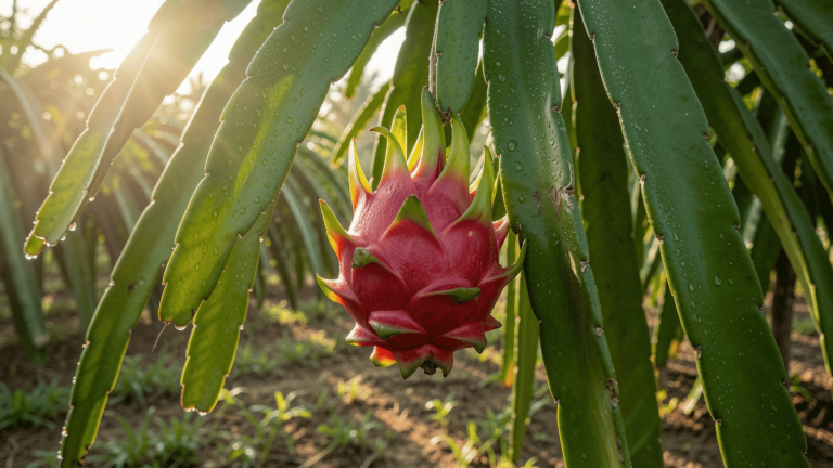 Dragon fruit growing on a cactus plant with green stems in a sunny garden