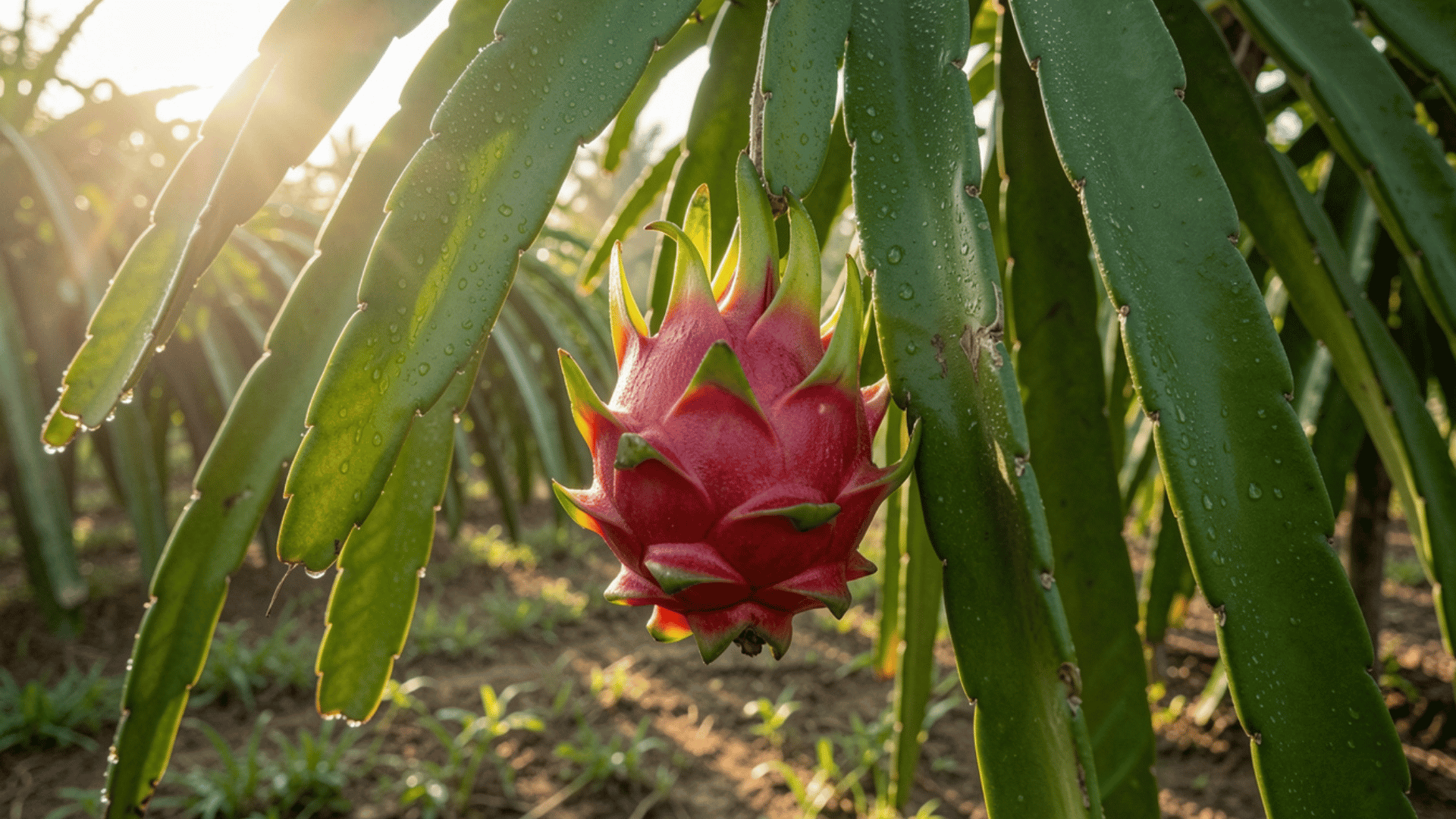 Dragon fruit growing on a cactus plant with green stems in a sunny garden