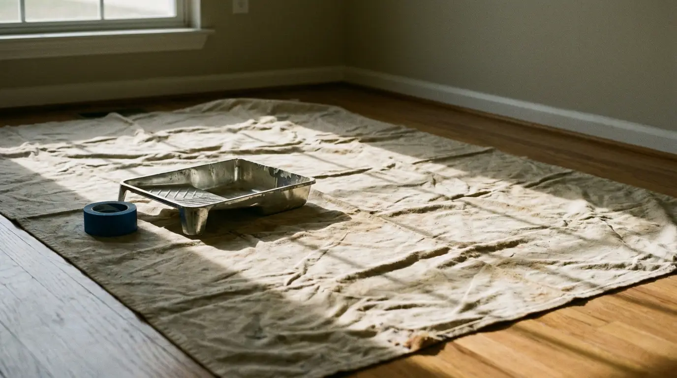 Plastic paint tray and blue tape on canvas drop cloth in sunlit room