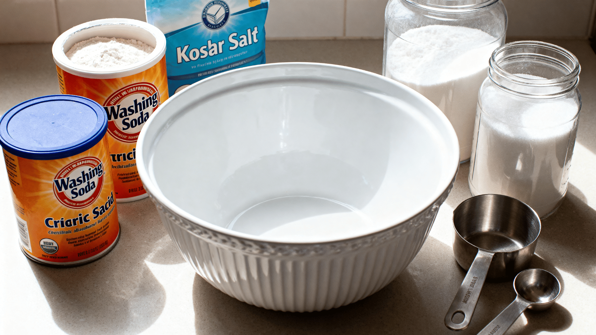 dry detergent ingredients beside a mixing bowl on a kitchen counter