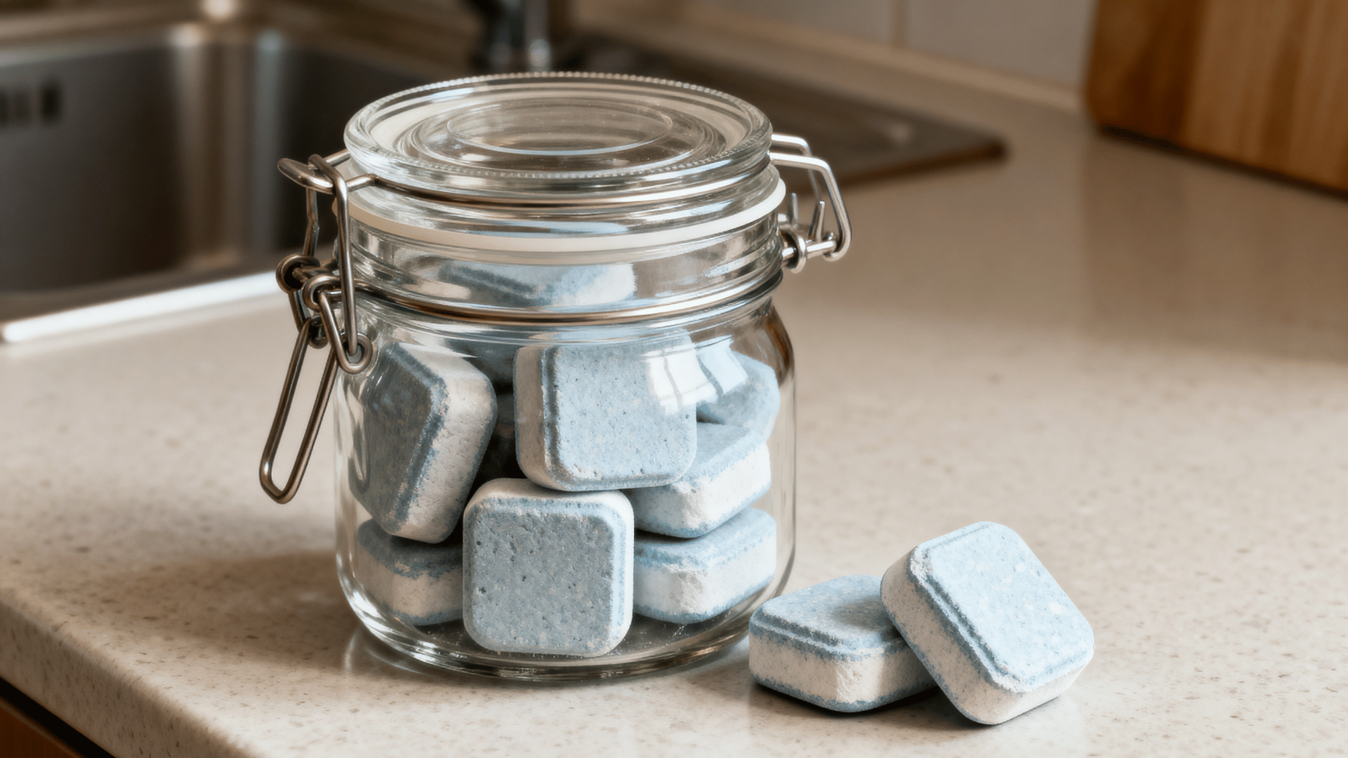 dry dishwasher tablets stored in an airtight glass jar