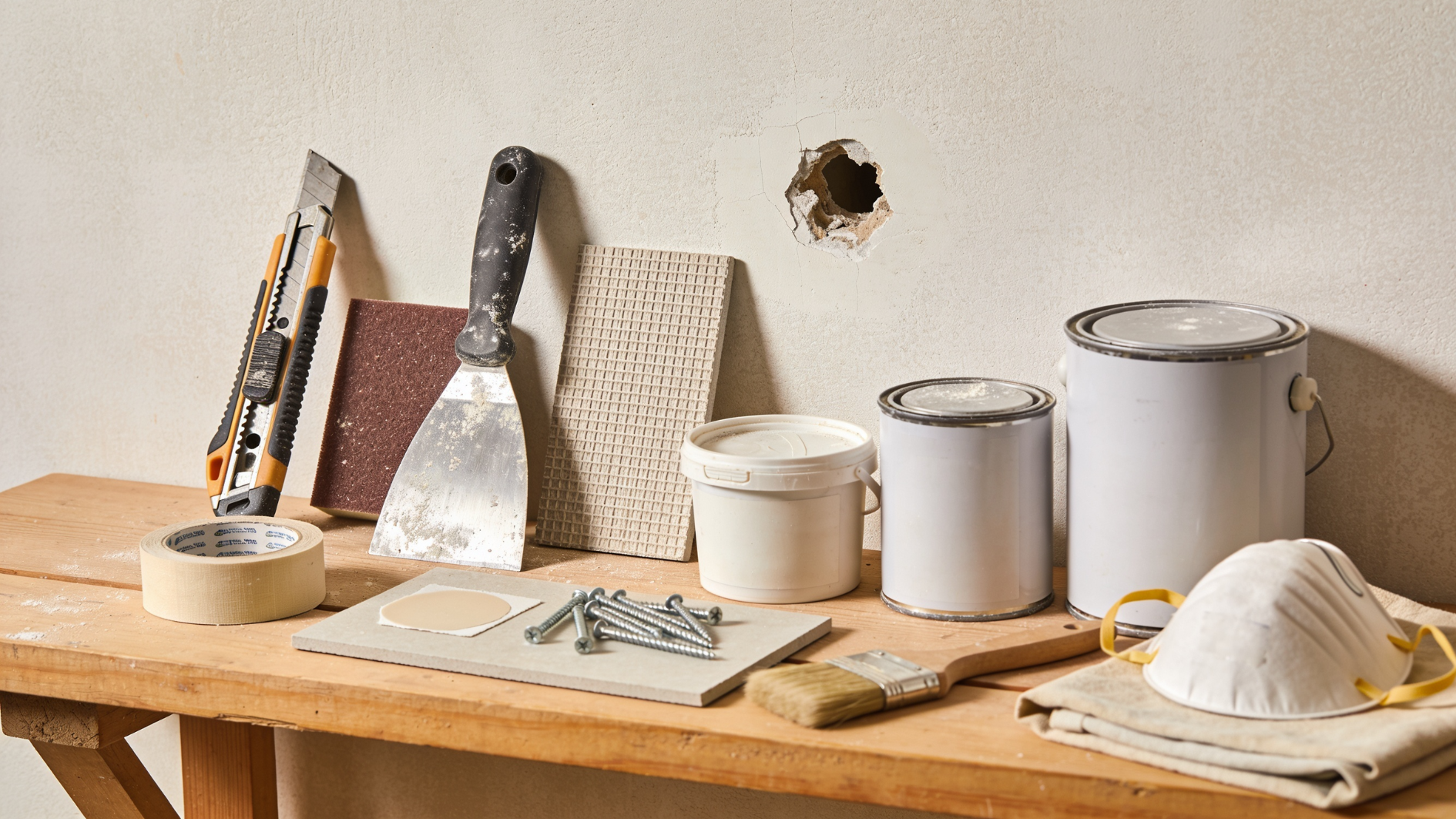 drywall repair tools with wall hole, putty knife, mesh patch, tape, paint cans, and dust mask