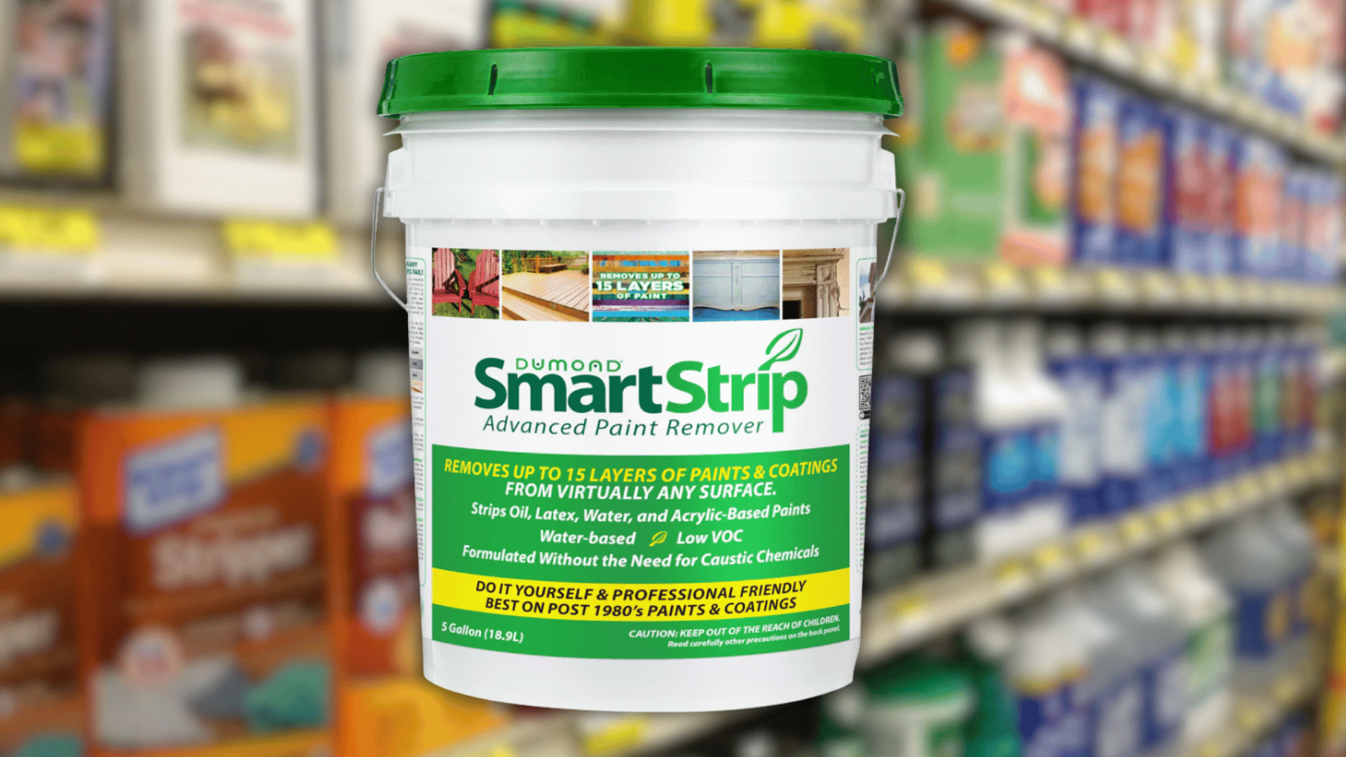 dumond smartstrip advanced paint remover bucket, 5 gallon, on blurred store shelf background