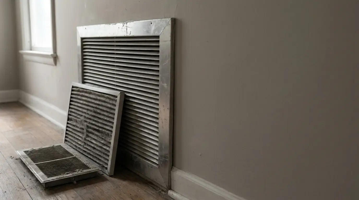 Metal air vent with removed dusty filter leaning against wall in dimly lit room