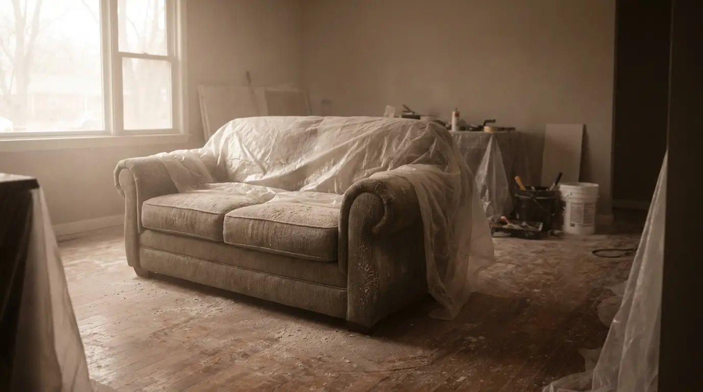 Dusty two-seater sofa covered with plastic sheet in a room under renovation