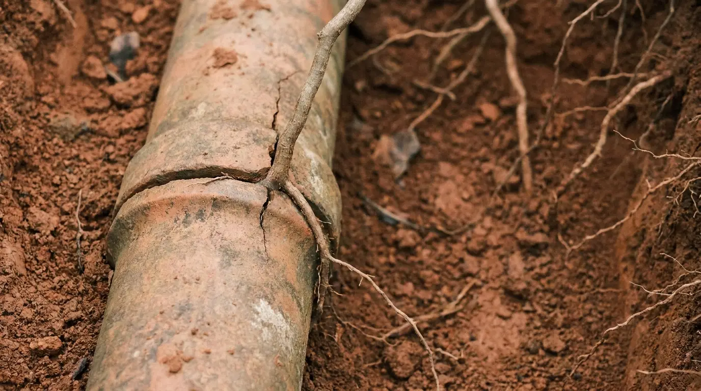 Cracked underground pipe entangled with roots in red clay soil