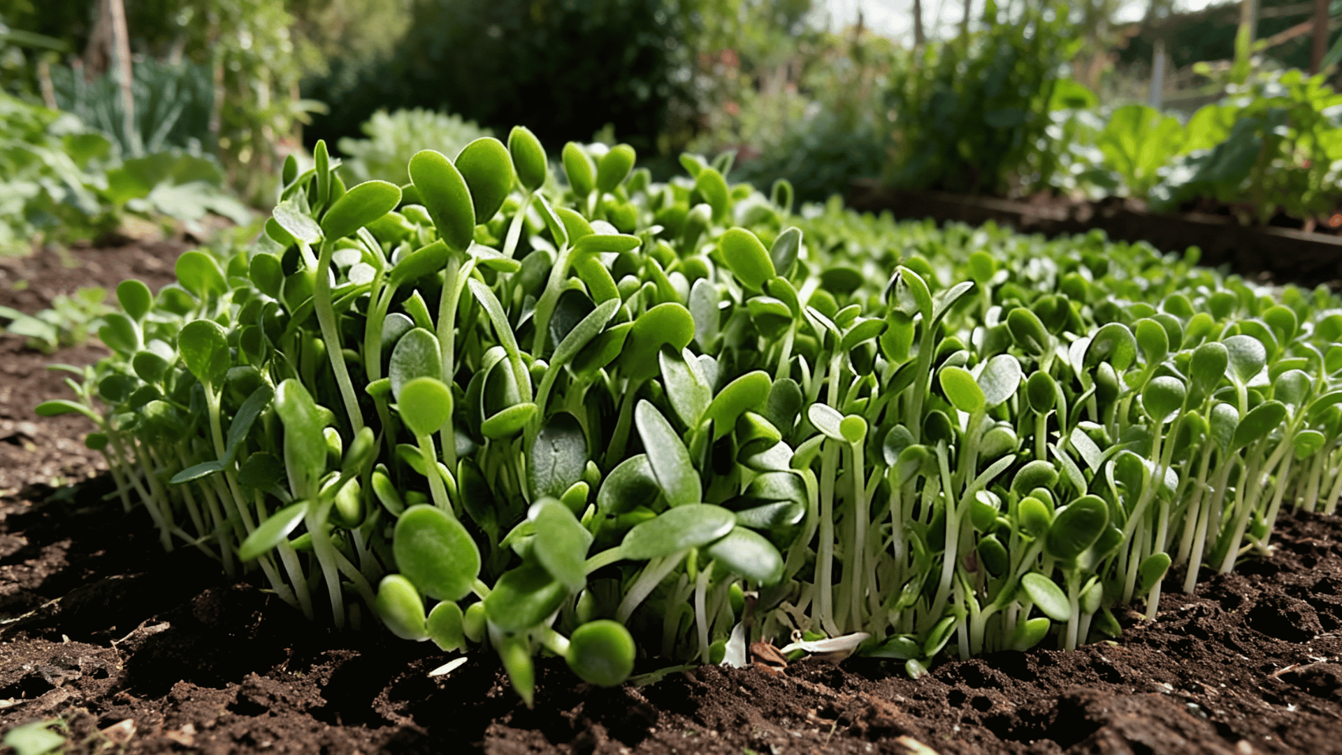 Close-up of small clover sprouts growing from soil with thin green stems
