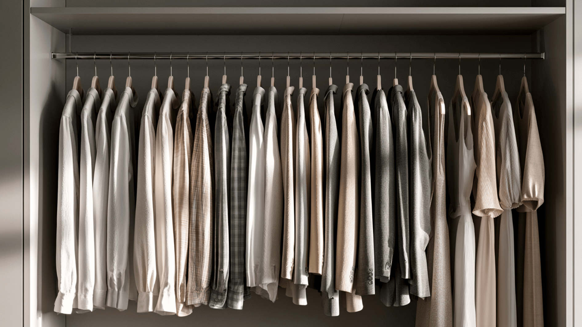 eatly hung neutral-toned shirts and jackets on a closet rail arranged in an organized wardrobe system