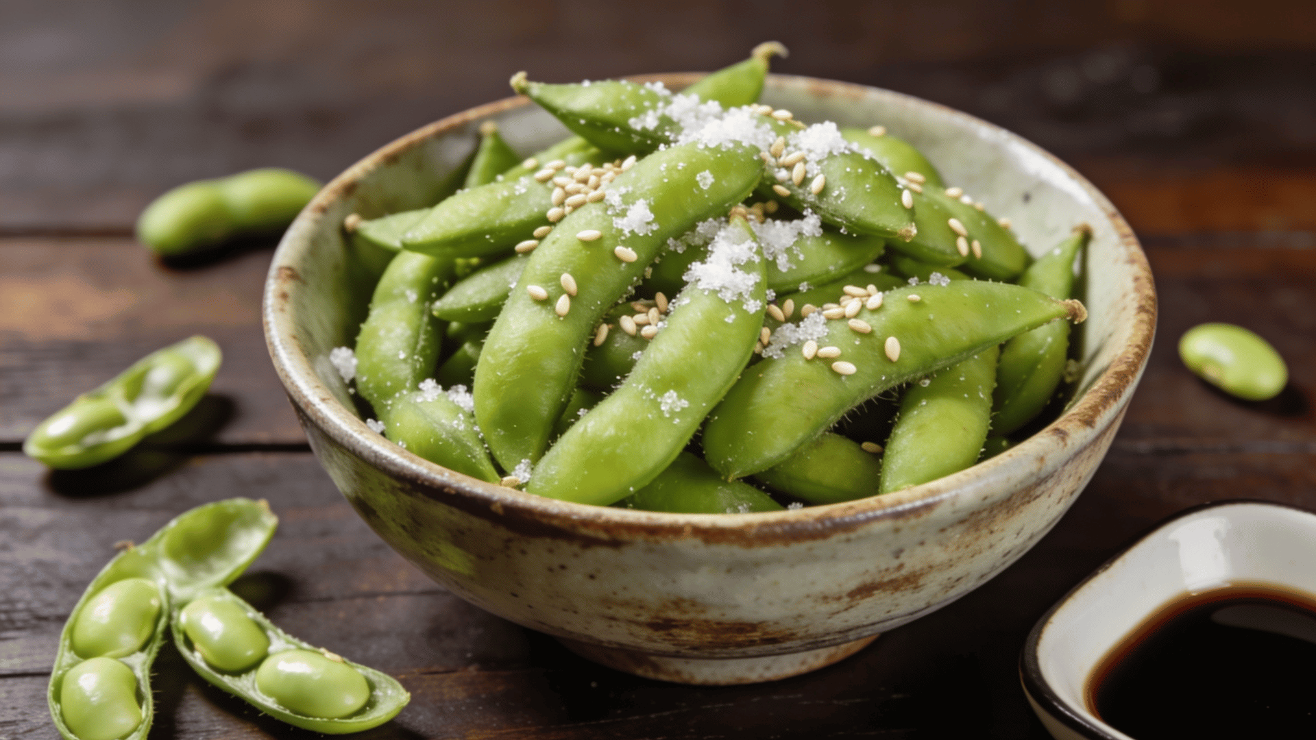 edamame pods sprinkled with sesame seeds and coarse salt, served in a rustic bowl with soy sauce on a wooden table