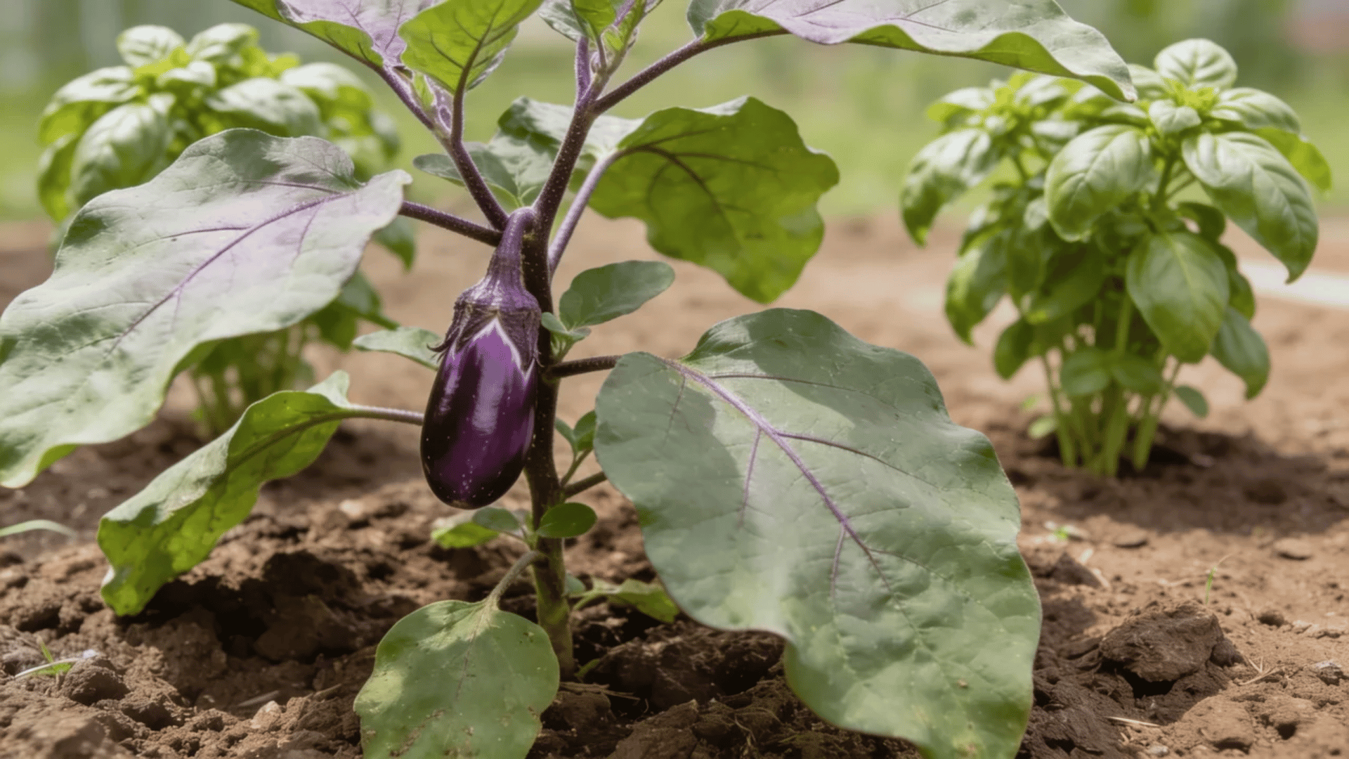 Eggplant plant with large green leaves growing in an outdoor garden bed with basil plants in the background.