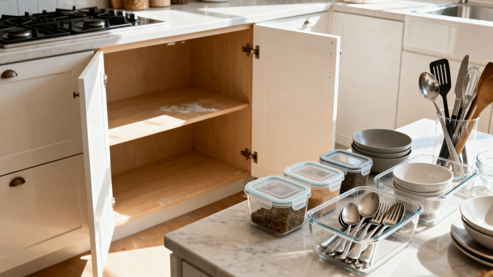 empty kitchen cabinet with removed items placed nearby during the process of sorting and creating a cleaner storage system