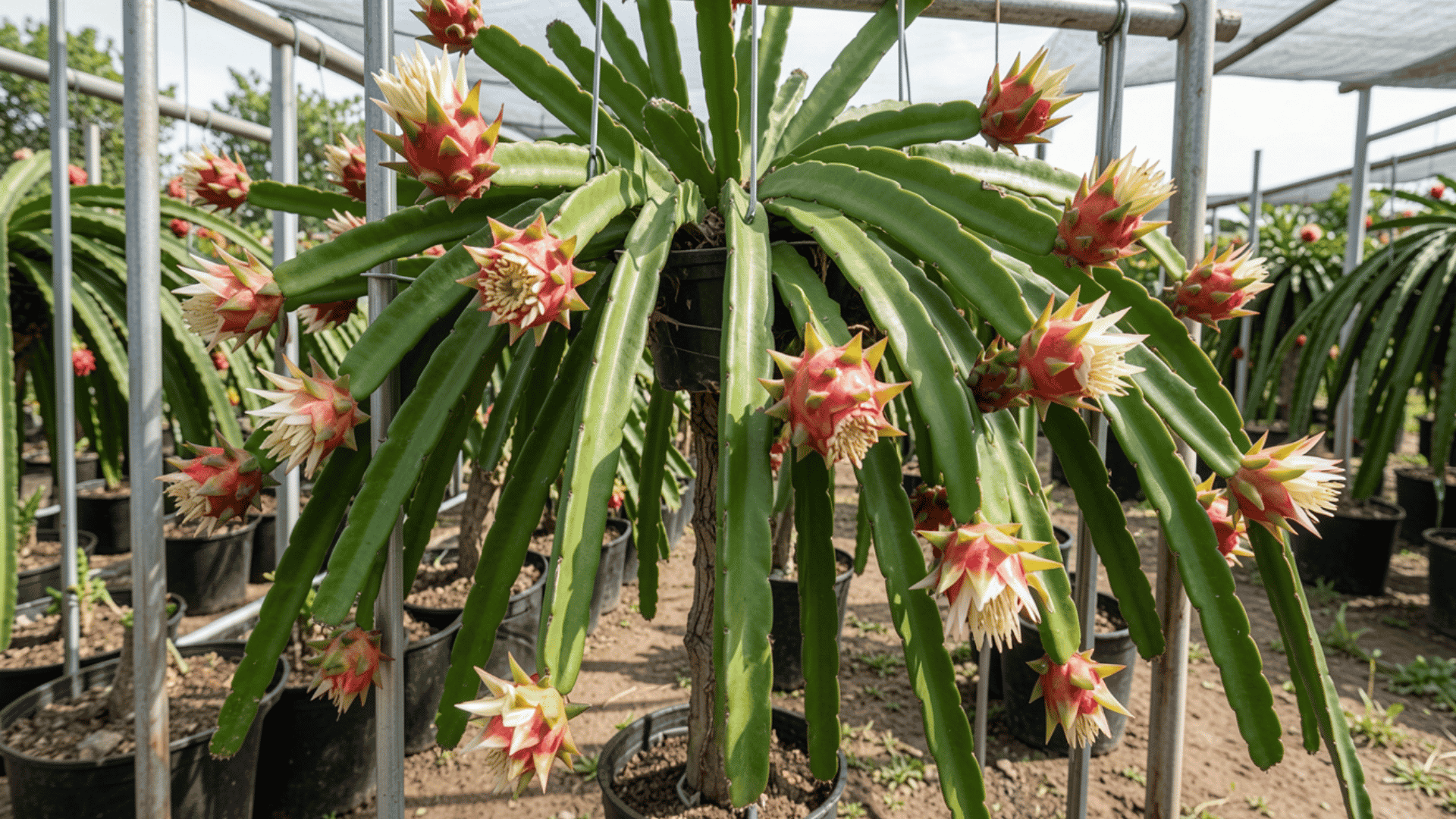 Mature dragon fruit plant structured on trellis preparing for flowering and fruiting.