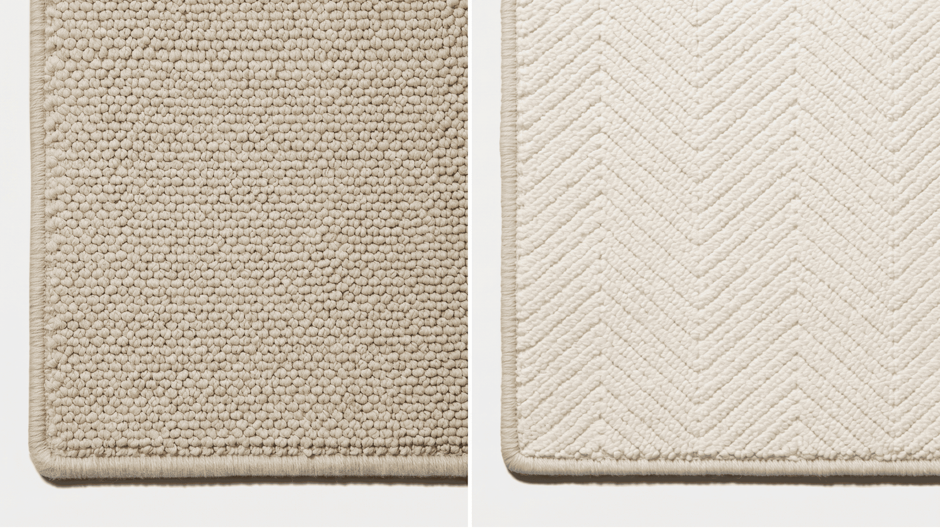 Close-up of two Ernesta rug textures — a chunky loop wool weave in natural beige and a structured chevron pattern in cream, both with clean bound edges.