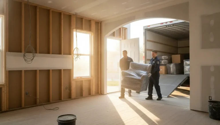 Moving crew carrying wrapped furniture into unfinished room with sunlight streaming through windows